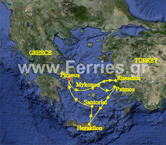 3 Days Cruise from Piraeus - Athens (Greece), Mykonos (Greece), Kusadasi (Turkey), Patmos (Greece), Heraklion (Greece), Santorini (Greece), Piraeus - Athens (Greece).