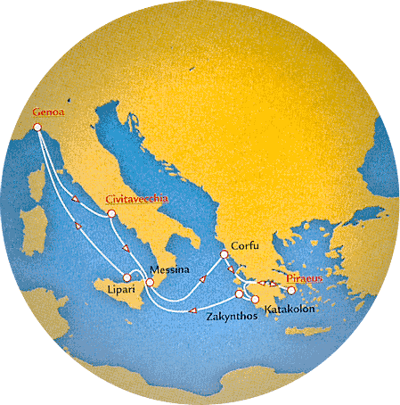 7-Day Cruise to Italy and Greece. Genoa (Italy), Civitavecchia, Messina, Saranda (Technical Call), Corfu (Greece), Corinth Canal, Piraeus, Corinth Canal, Katakolon/Olympia, Zakynthos, Lipari (Italy), Genoa (Italy).