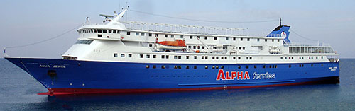 Alpha Ferries. F/B AQUA JEWEL. Travel to Cyclades. Departures from Rarina to Andros, Tinos, Mykonos, Paros, Naxos.