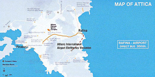 Alpha Ferries. Map of Athens - Piraeus - Rafina. Travel to Cyclades. Departures from Rarina to Andros, Tinos, Mykonos, Paros, Naxos.