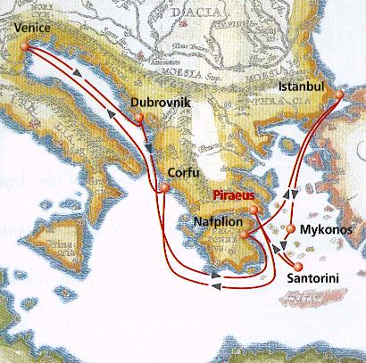 7-Day Cruise to Aegean islands, Italy, Croatia and Turkey. Piraeus (Athens), Corfu, Venice (Italy), Dubrovnik (Croatia), Nafplion, Dardanelles Strait, Istanbul (Turkey), Mykonos, Santorini, Piraeus (Athens).