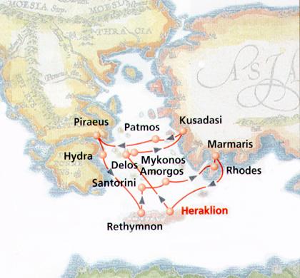 7-Day Cruise to Aegean islands and Turkey. Piraeus (Greece), Hydra, Rethymnon, Santorini, Amorgos, Rhodes, Marmaris (Turkey), Heraklion, Delos, Mykonos, Kusadasi (Turkey), Patmos, Piraeus (Greece).